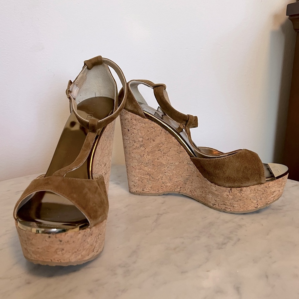 JIMMY CHOO Pela T-strap Platform Wedges in Brown Suede